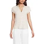 Lands' End Women's Linen Blend Johnny Collar Polo - Washed Sand Breton Stripe