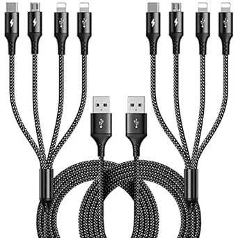 4 in 1 Multi USB Charging Cable 4A (2Pack) 4ft Multiple Fast Charger Cord Nylon