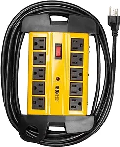 10-Outlet Heavy-Duty Surge Protector Power Strip - 14/3 SJT Industrial Metal Surge Suppressor with 15 ft. Extension Cord