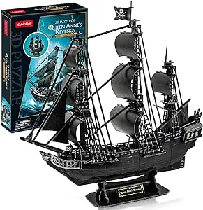 CubicFun 3D Puzzle for Adults Moveable LED Pirate Ship Desk Decorations with Detailed Interior, Large Queen Anne's Revenge Sailboat Puzzle for Adults, Puzzles with Lights Gifts for Men Women