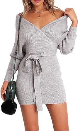 Mansy Women's Sexy Cocktail Batwing Long Sleeve Backless Mock Wrap Knit Sweater Mini Dress