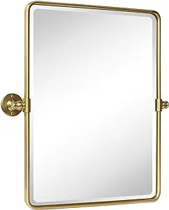 TEHOME 20 x 24 inch Farmhouse Gold Metal Framed Pivot Rectangle Bathroom Mirror Rounded Rectangluar Tilting Beveled Vanity Mirrors for Wall