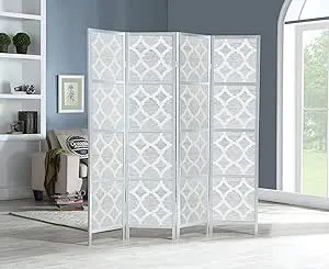 Roundhill Furniture Quarterfoil Infused Diamond Design 4-Panel Room Divider, Silver