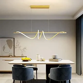 Modern Design Dimmable Desk Linear Pendant Light, with Remote Control Dimmable 3 Color Mode & Brightness Ceiling Lamp, Anti-Flicker Dining Light Fixture for Kitchen, Dining Room (Gold, 47IN)