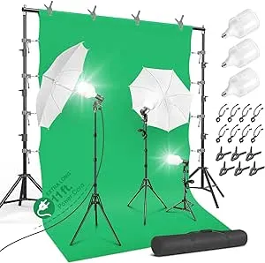 10 x 9.6 ft. Heavy Duty Backdrop Stand / 10 x 20 ft. Green Background Screen / 700W Continuous Output Umbrella Lighting Kit, AGG408