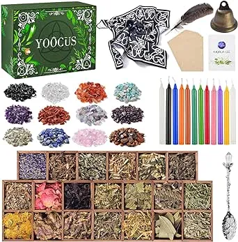 Witchcraft Supplies Kits 84 Packs with Chakra Crystals Healing Stones Mini Gemstones Dried Herbs Chakra Crystal Grids Colored Magic Candles Parchments for Beginners and Experienced Witches Accessories