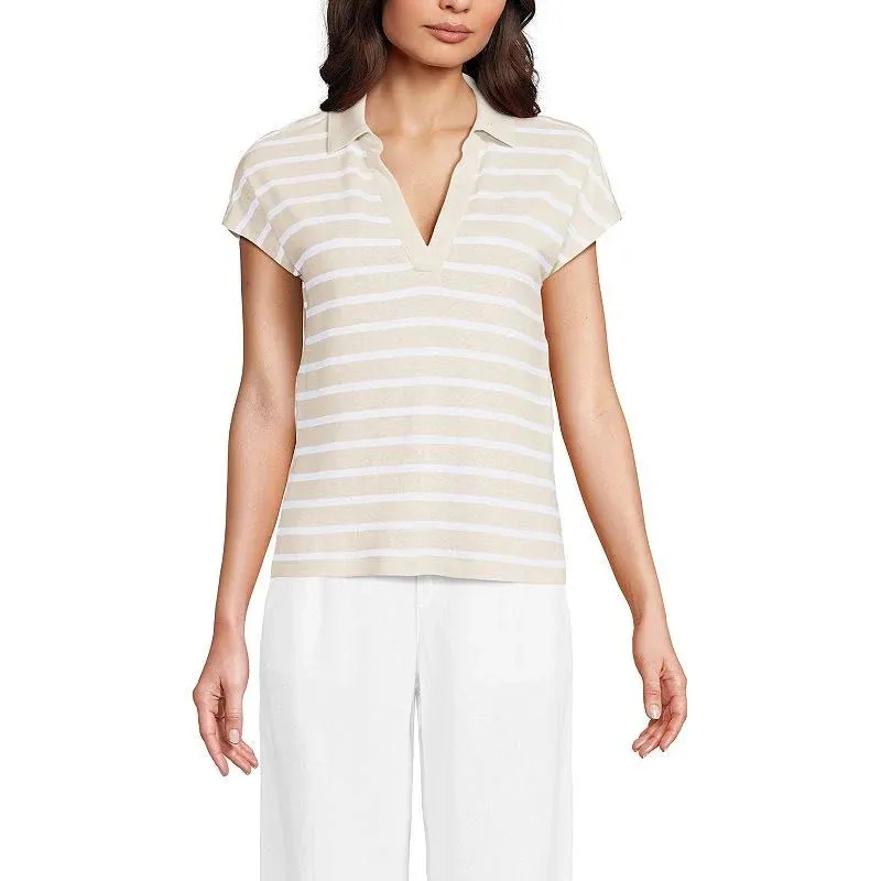 Lands' End Women's Linen Blend Johnny Collar Polo