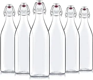 Bormioli Rocco Giara Swing Top Bottles 33 ¾ Ounce/1 Liter (6 Pack) ROUND Clear Glass Grolsch Flip Top Bottle With Stopper