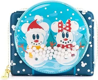 Loungefly Disney Mickey &amp; Minnie Snowman Snow Globe Zipper Wallet Blue