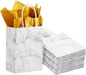 Pajean 50 Pack Marble White Paper Bags Gift Bags Bulk A4 Double Sided Glitter Gold Tissue Paper Small Gift Bags with Tissue Paper Set for Wedding Birthday, 5.91 x 4.33 x 2.36 Inch(Gray White)