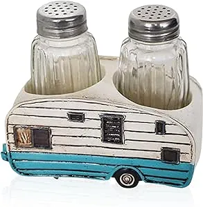 Pine Ridge Camper Salt and Pepper Shaker Set - Two Glass Shakers, Camper Holder Caddy For Spices And Seasonings, For Kitchen, Camping, Dining Or Table Decor