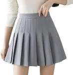 Girls Women High Waisted Pleated Skirt Plain Plaid A-line Mini Skirt Skater Tennis School Uniform Skirts Lining Shorts Grey