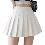 Apriddeo Girls Women High Waisted Pleated Skirt Plain Plaid A-Line Mini Skirt Skater Tennis School Uniform Skirts Lining Shorts White, Small