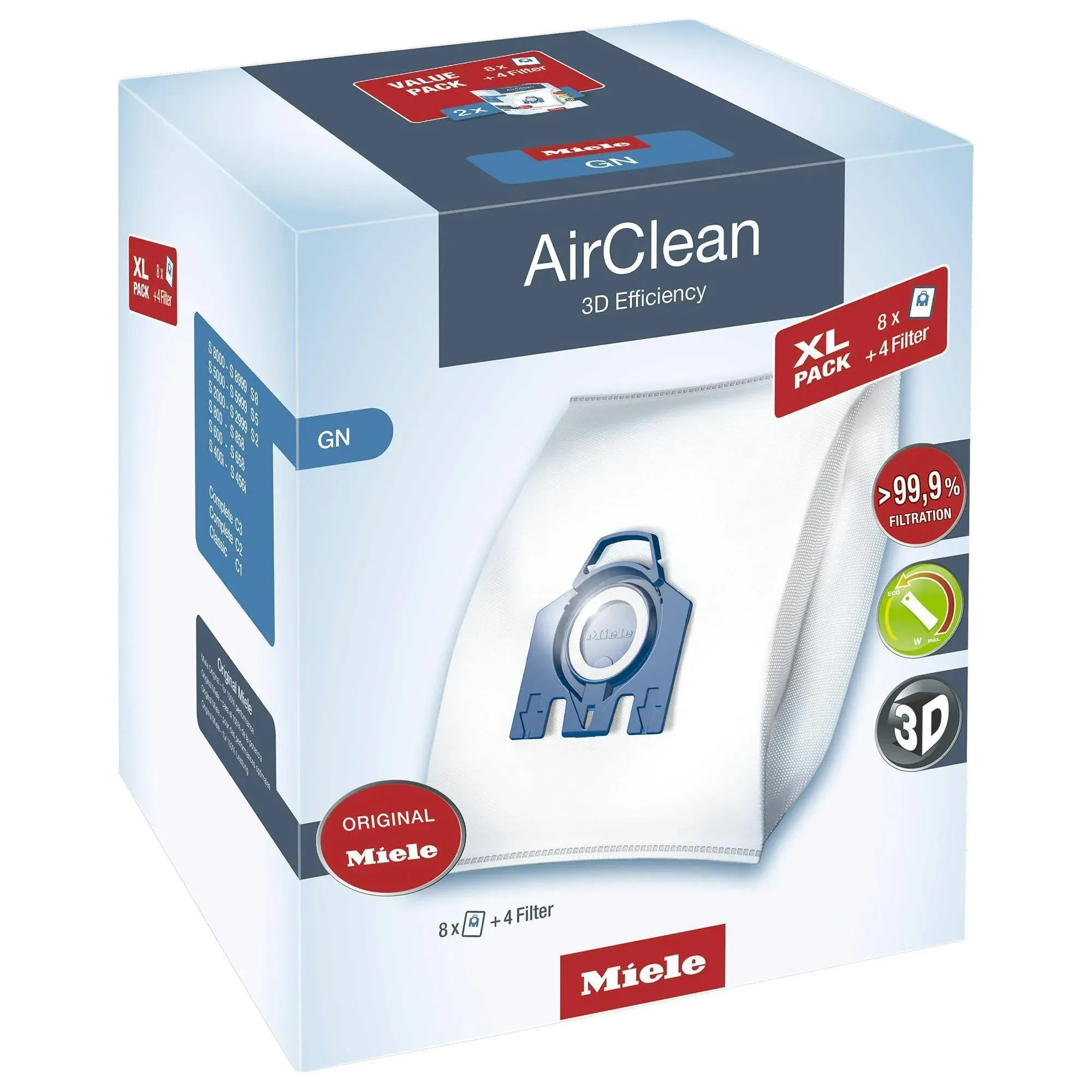 Miele AirClean 3D Efficiency Dust Bag, Type GN, XL Value Pack, 8 Bags 4 Filters