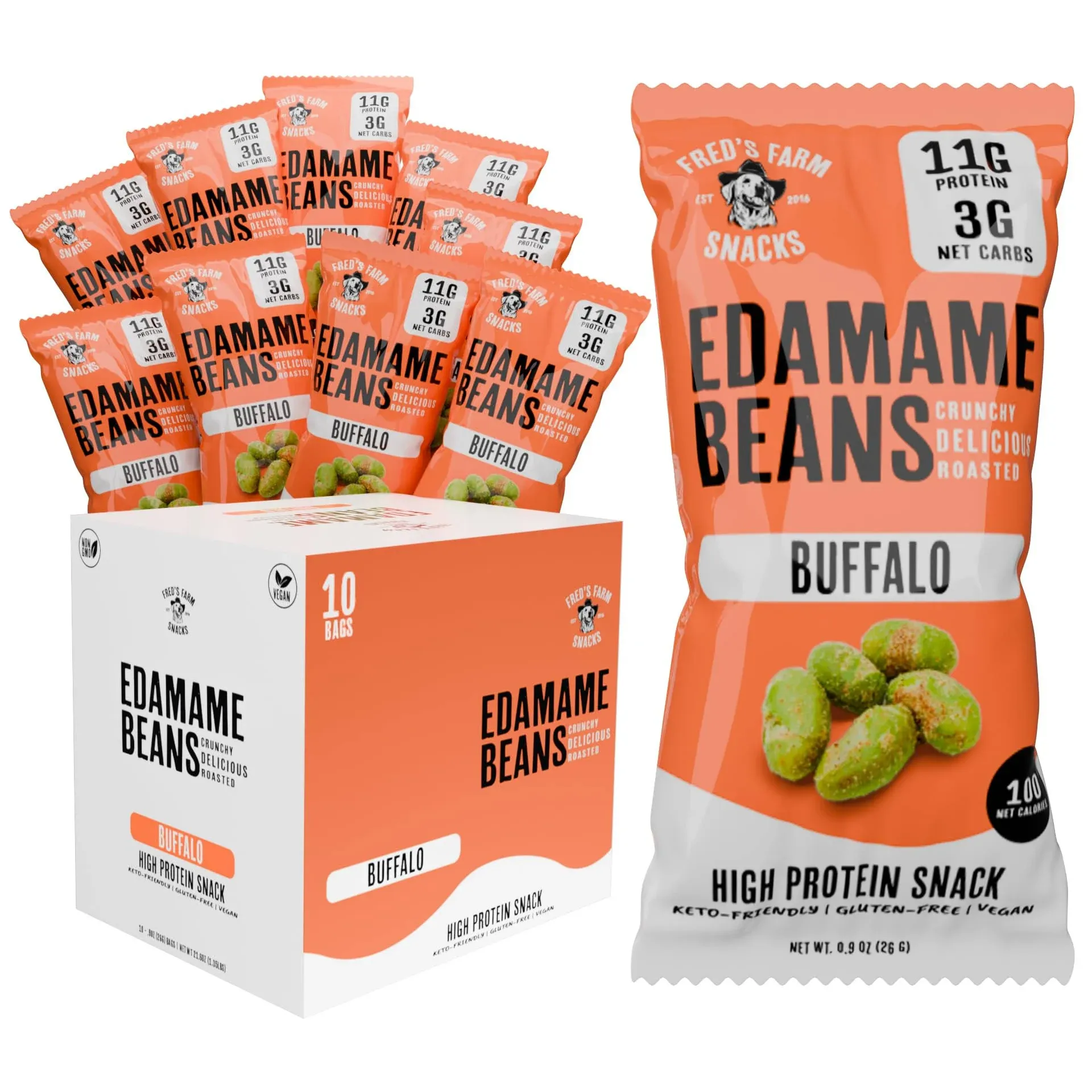 Fred's Farm Roasted Edamame Snacks - Buffalo, Low Calorie (0.9oz, 10-Pack) | Keto-Friendly, Low Carb, High Protein (11g) | Vegan, Gluten-Free | Ideal Crunchy Snack for Office and On-the-Go