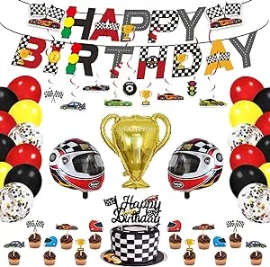 Race Car Birthday Party Supplies Race Car Party Decorations with Race Car Happy Birthday Banner Cake Topper Cupcake Toppers Balloons Hanging Swirls for Boys Let's go Racing Party Supplies