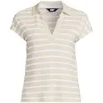 Lands' End Women's Linen Blend Johnny Collar Polo - Washed Sand Breton Stripe