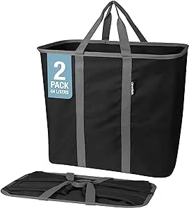 CleverMade Collapsible Laundry Caddy, Black/Charcoal 2PK - 64L (17 Gal) Large Foldable Laundry Basket with Sturdy Pop-Up Wire Frame and Long Carry Handles - Space-Saving, Collapsible Laundry Basket