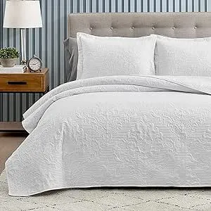 Hansleep White Quilt Twin Size - Damask Ultrasonic All Season Bedspread Twin, Soft Lightweight Coverlet Bedding Set, 2 Pieces (1 Quilt, 1 Pillow Sham)