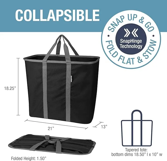 CleverMade Collapsible Laundry Caddy, Black/Charcoal 2PK - 64L (17 Gal) Large Foldable Laundry Basket with Sturdy Pop-Up Wire Frame and Long Carry Handles - Space-Saving, Collapsible Laundry Basket