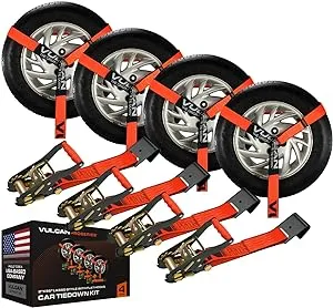 Vulcan Car Tie Down with Flat Hooks - Lasso Style - 2 inch x 96 inch - 4 Pack - ProSeries - 3,300 Pound Safe Working Load