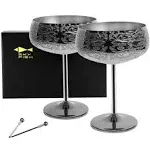 Sky Fish 14 oz Etching Martini Cocktail Glasses,Black Plated Stainless Steel Set Of 2 With 2 Cocktail Picks