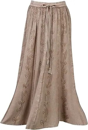 Women's Floral Embroidered Maxi Skirt-Over-Dyed Long Peasant Skirt, Ankle Length