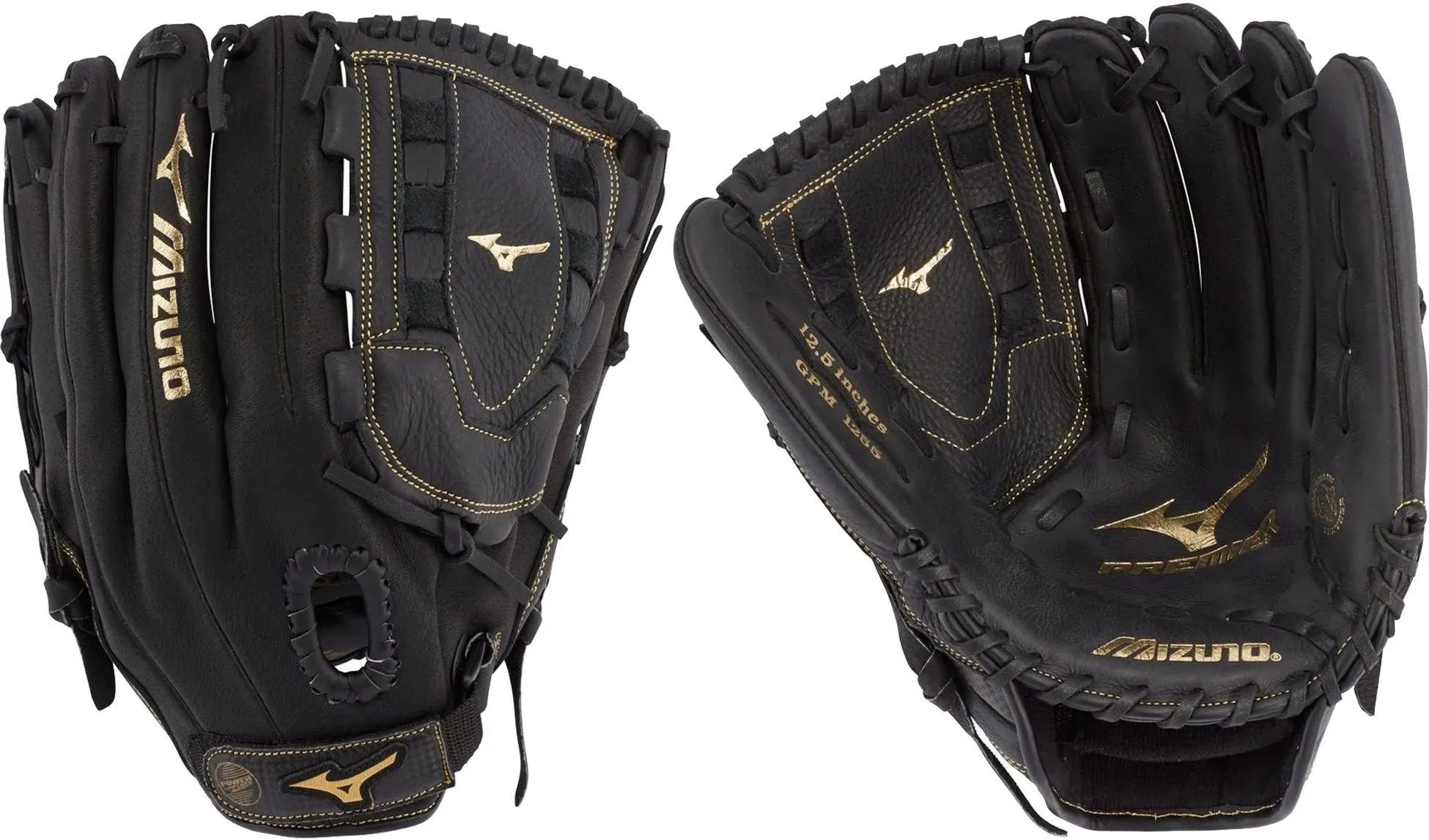 Mizuno GPM1255 Premier Series Slowpitch Softball Gloves, 12.5", Left Hand Throw, Black/Gold Tartan U web