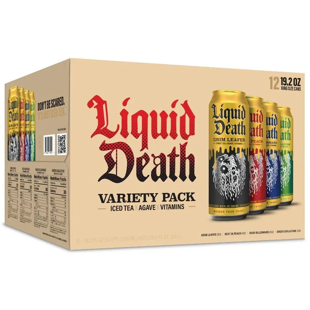 Liquid Death, Iced Tea Variety Pack (Grim Leafer, Rest in Peach, Dead Billionaire, and Green Guillotine), 12-Pack (King Size 19.2oz Cans), Tea Sweetened With Real Agave, B12 & B6 Vitamins, Low Calorie & Low Sugar