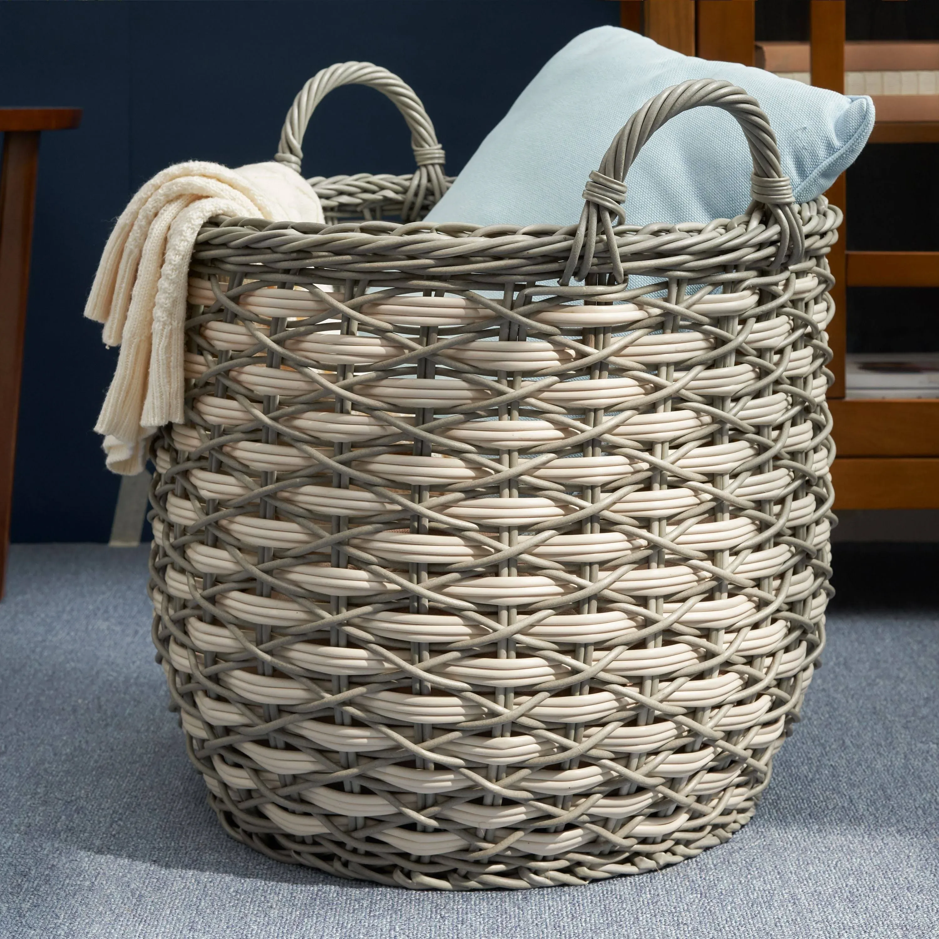 Zita Round Resin Woven Wicker Multi-Use Storage Basket with Handles - 18 inch x 18 inch x 19 inch - White-Gray - for Towel, Toys, Magazines Storage