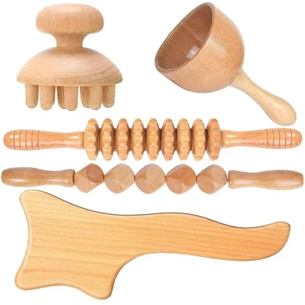 LumenIZE 5-in-1 Wood Therapy Massage Tools – Lymphatic Drainage Massager for Stomach, Thighs, Hips & Neck – Wooden Massager Body Sculpting Tools for