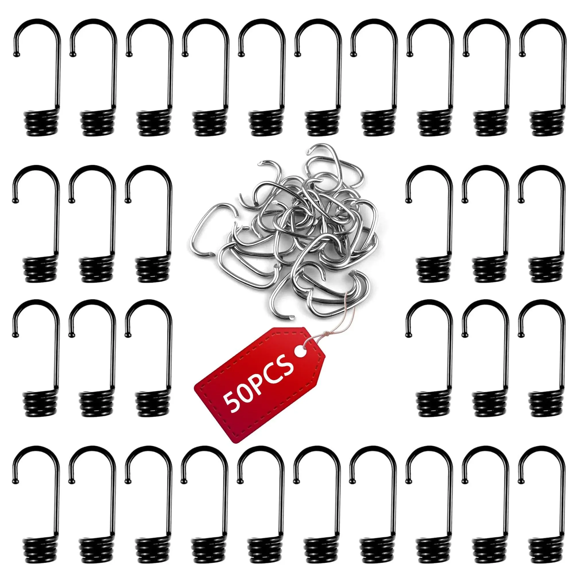 50 PCs Plastic Coated Bungee Cord Hooks Spiral Bungee Hooks and 50 PCs Hog Rings