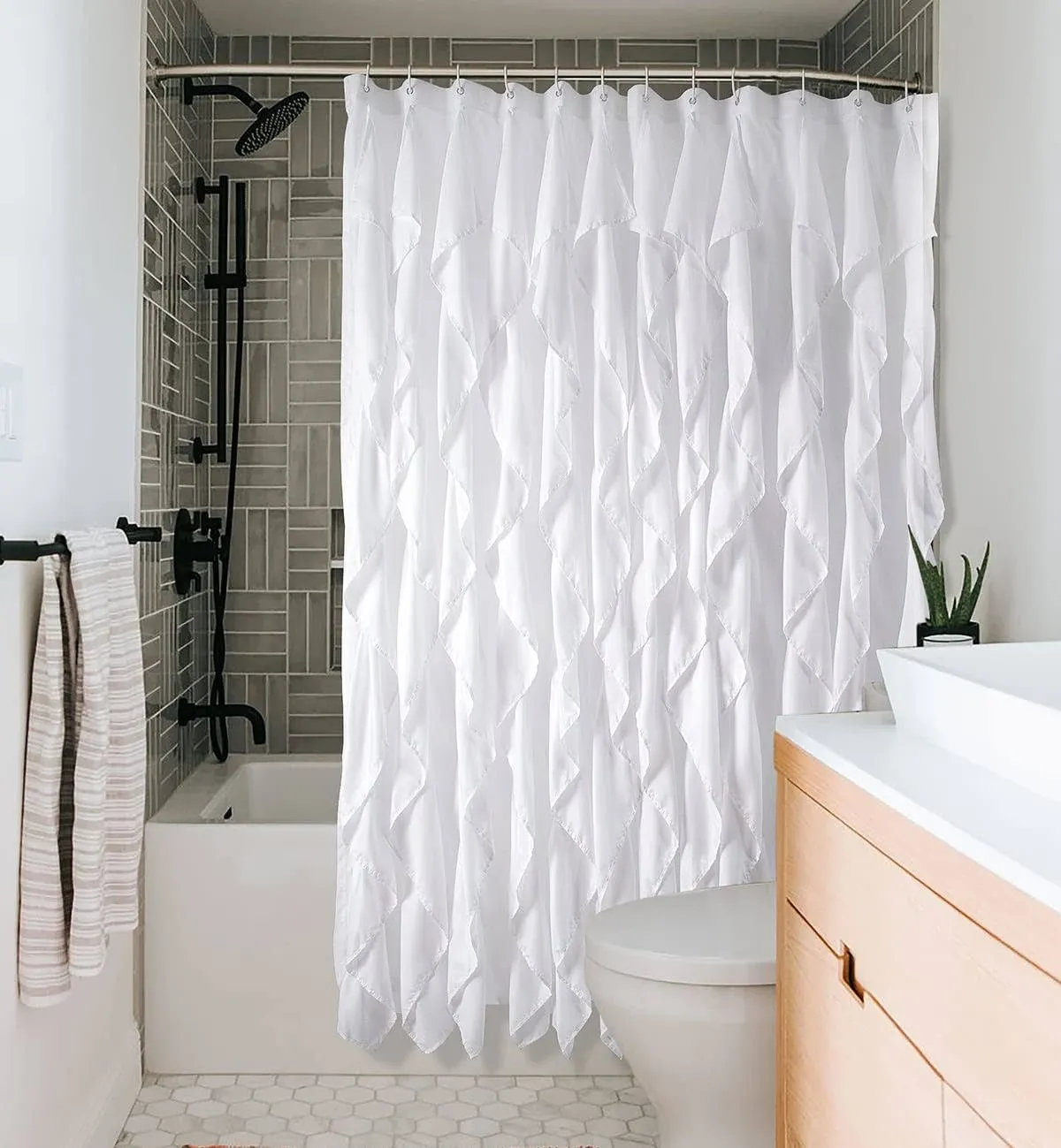 White Ruffle Shower Curtain Farmhouse Fabric Cloth Curtains For Bathroom 72x72 I