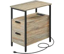 VASAGLE Side Table with Charging Station, Narrow End Table with 2 Drawers, Slim Nightstand and Bedside Table with Storage, for Small Spaces, Greige and Black ULET321B02