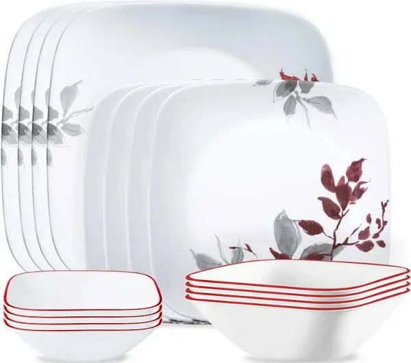 Corelle Kyoto Leaves 16pc, Service for 4, Dinnerware Set, 8 plates bowls, Chip & Break Resistant, Dinner and Corelleware White