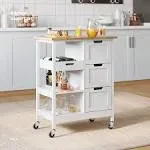 Small Solid Wood Top Kitchen Island Cart on Wheels with Storage, Rolling Portable Dining Room Serving Utility Carts