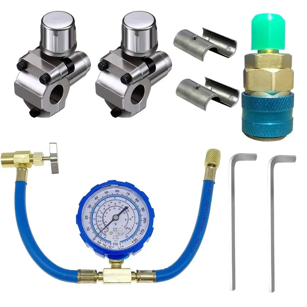 Bpv31 Bullet Piercing Tap Valve Kit Compatible with 1/4, 5/16, 3/8 Inch Outer Diameter Pipes R134A Air Conditioning Refrigerant Charging Hose with Gauge-10 Pcs Car Air Conditioner Recharge Kit