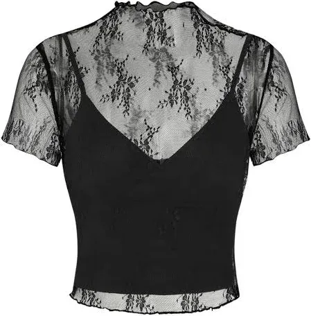 Cider Knit Fabric Lace High Neck Floral Top & Solid Crop Cami Top Set