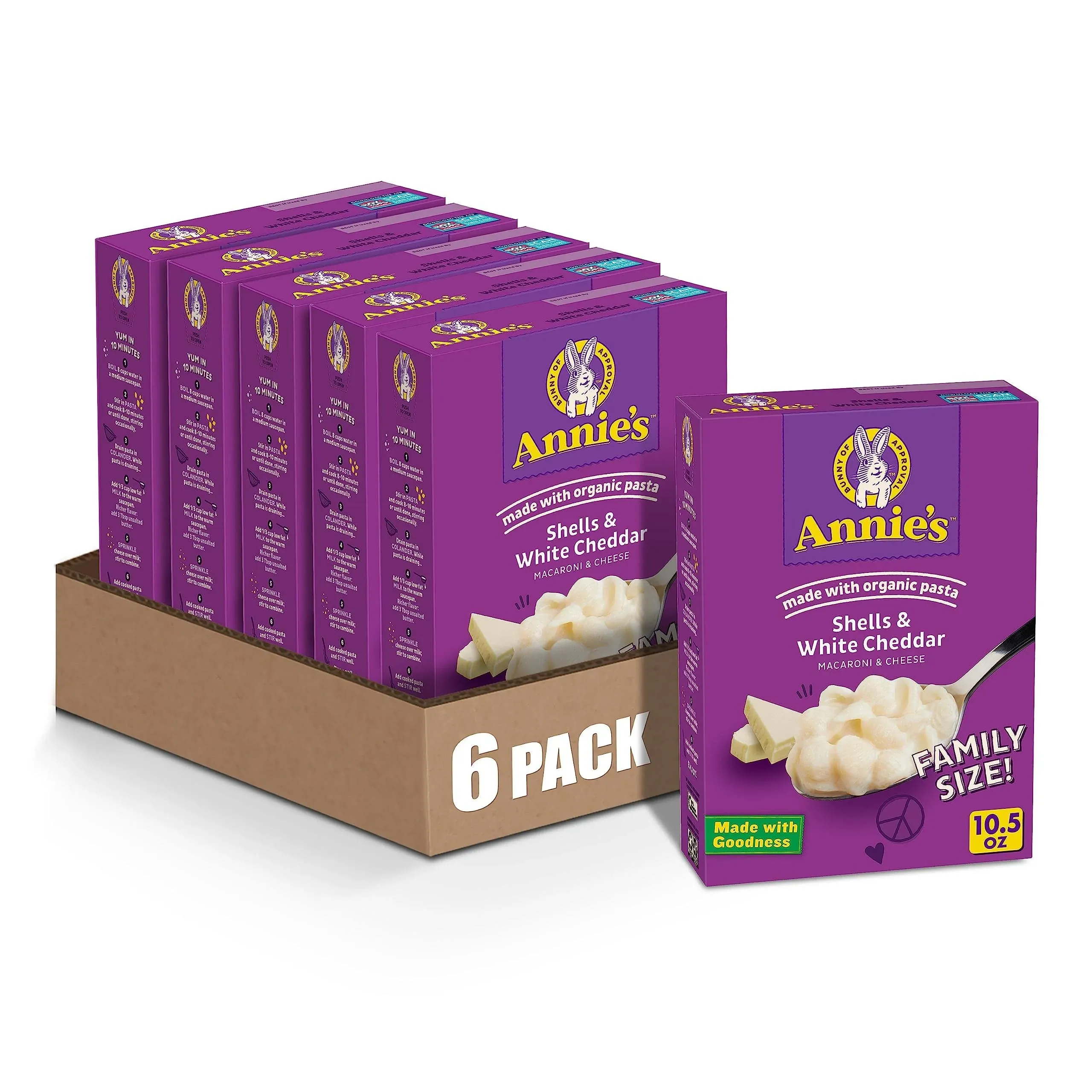 Annie's Homegrown Family Size Shells and White Cheddar Mac and Cheese - Case of 6 - 10.5 oz.