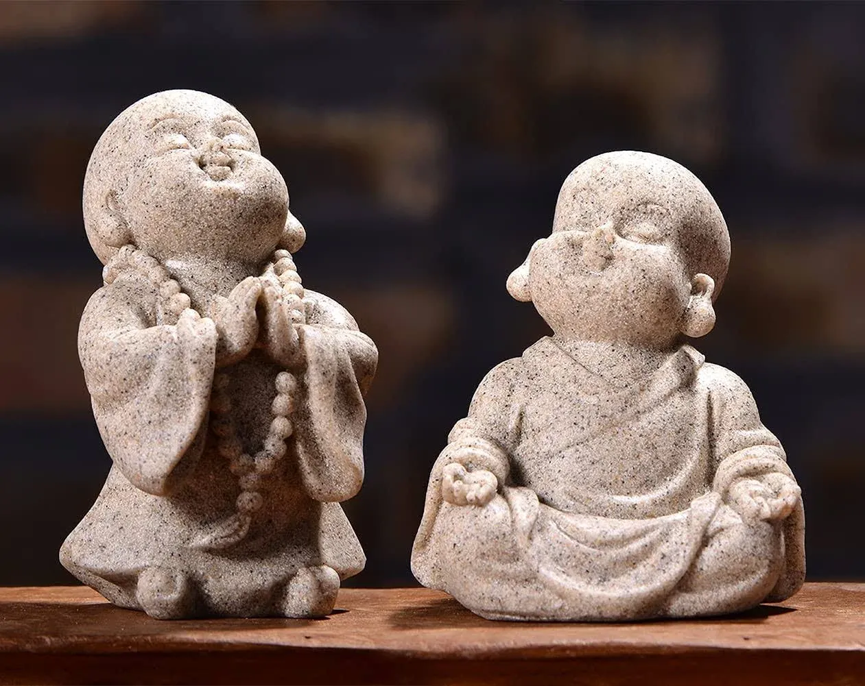 2pcs Buddha Statue Happy Laughing Buddha Figurine Cute Small Monk Statues Mini Maitreya Buddha Minimalist for Desktop Ornament Home Decor Car Dashboard and Shelf Decorations Buda (Sandstone)