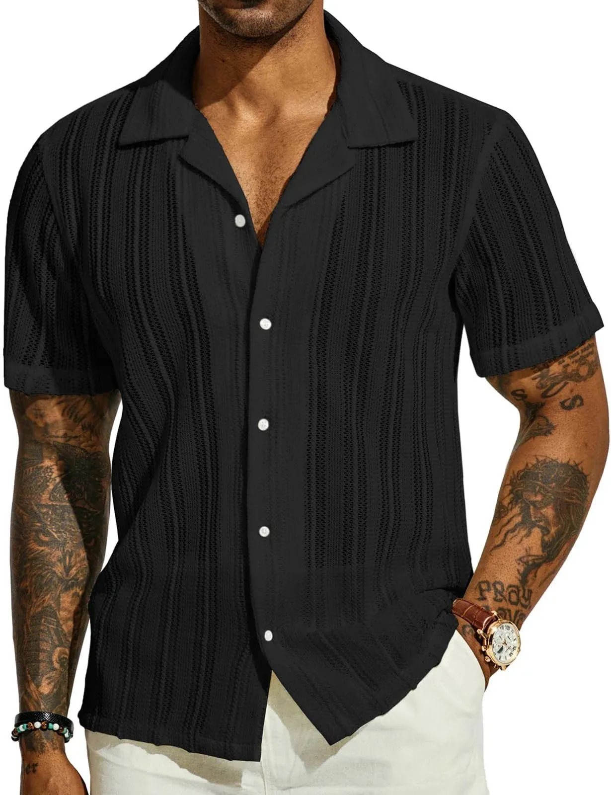 PJ PAUL JONES Men's Casual Button Down Shirts Cuban Collar Summer Beach Shirts