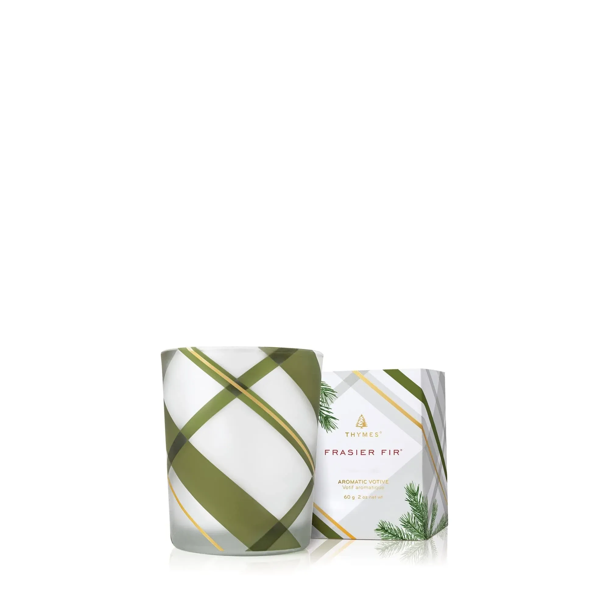 Thymes Frasier Fir Candle – Frosted Plaid Collection – Green & White Glass Jar Design – Scented Candles for Home Decor – Notes of Crisp Siberian Fir, Cedarwood & Sandalwood (Votive, 2 oz)