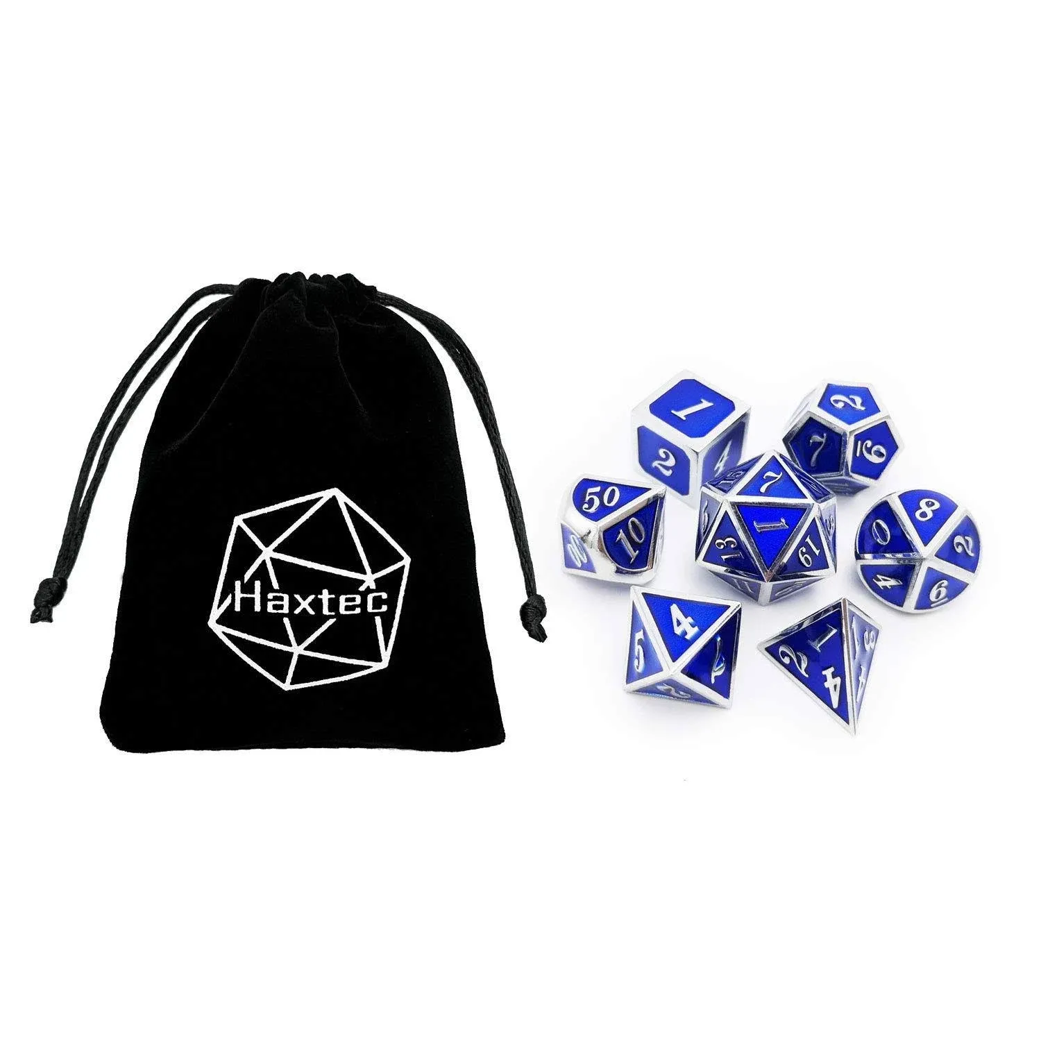 Haxtec Metal Dice Set D&D Silver Navy Blue Metal Polyhedral DND Dice for Dungeons and Dragons-Glossy Enamel Dice (Silver Navy Blue)