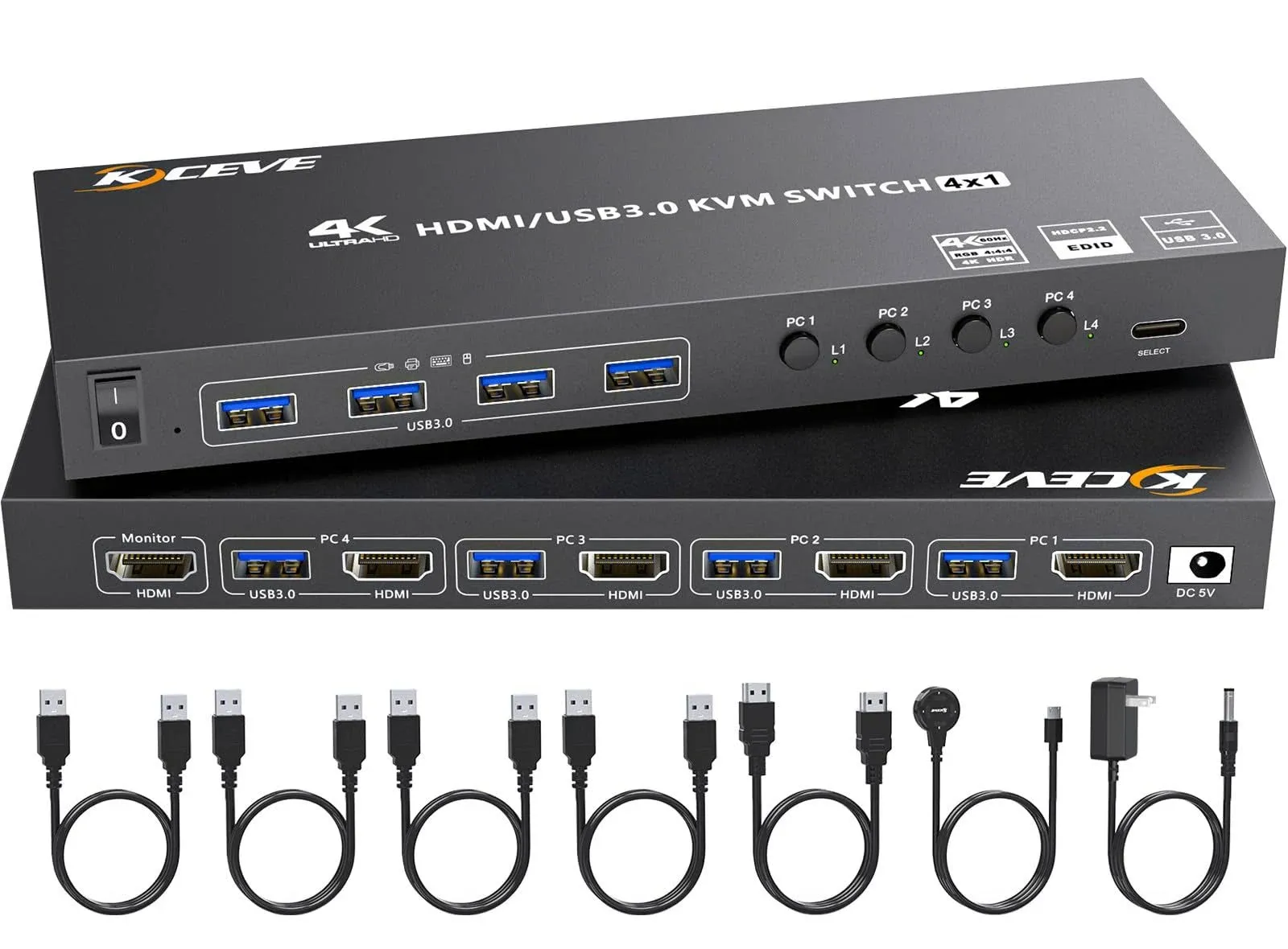 HDMI KVM Switch 4 Computers 4K@60Hz 2K@120Hz, Simulation EDID, Camgeet 4 Port USB3.0 KVM Switches for 4 PC Share 1 Monitor and Keyboard Mouse Printer,with Wired Remote,12V Power Adapter and 5 Cables