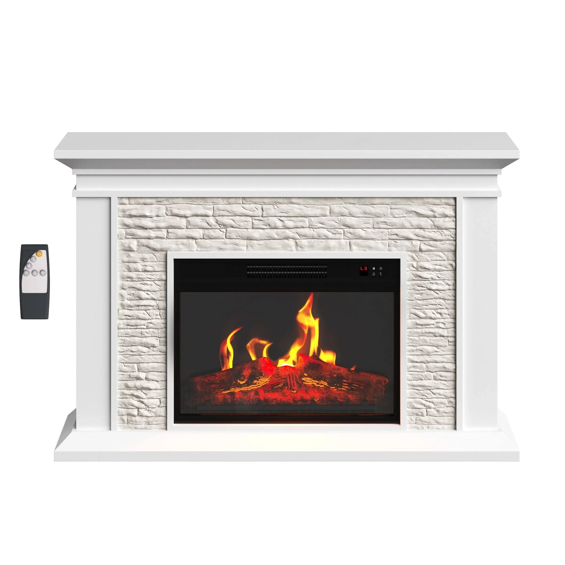 Electric Fireplace Freestanding Heater White 47 Inch Remote LED Flames Faux Logs