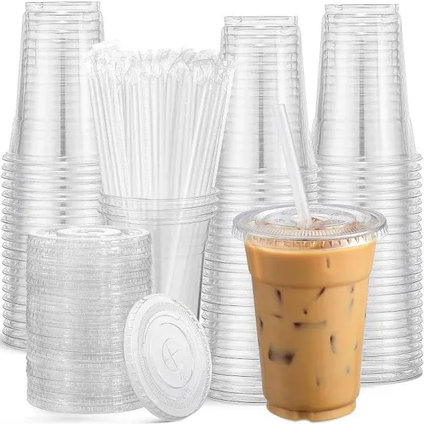 AOZITA [100 Sets] 16 oz Clear Plastic Cups with Lids and Straws, Disposable Cups with Lids for Iced Coffee, Smoothie, Milkshake and Cold Drinks