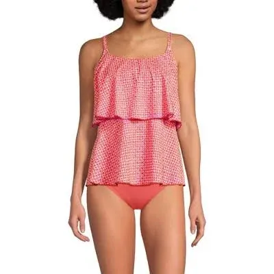 Lands' End Women's Chlorine Resistant Tiered Tankini Swimsuit Top - Living Coral Geo