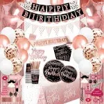 jenlion Rose Gold Birthday Party Supplies - 170pcs, Balloons, Tablecloth, Backdrops, Plates, Cups, Photo Props, Sash