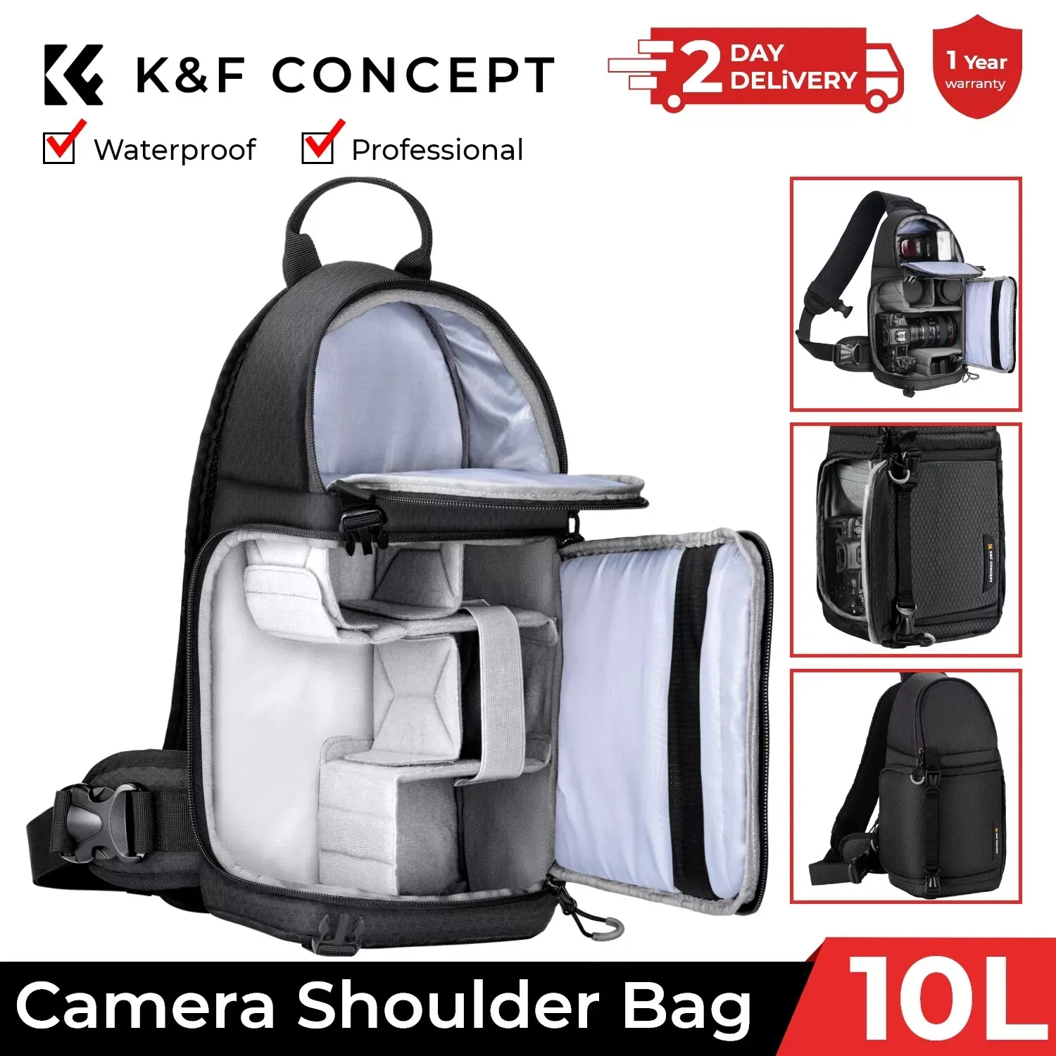 K&amp;F Concept Pro Camera Sling Bag 10L Waterproof Shoulder Backpack for DSLR SLR