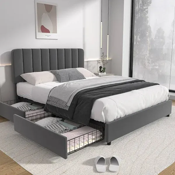 VECELO Size Upholstered Modern Platform Bed Frame with Adjustable Headboard